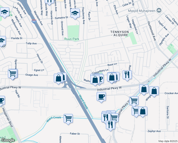 map of restaurants, bars, coffee shops, grocery stores, and more near 29018 Rosecliff Lane in Hayward