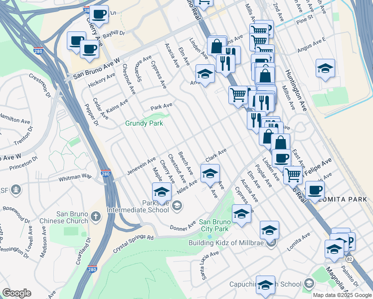 map of restaurants, bars, coffee shops, grocery stores, and more near 485 Oak Avenue in San Bruno