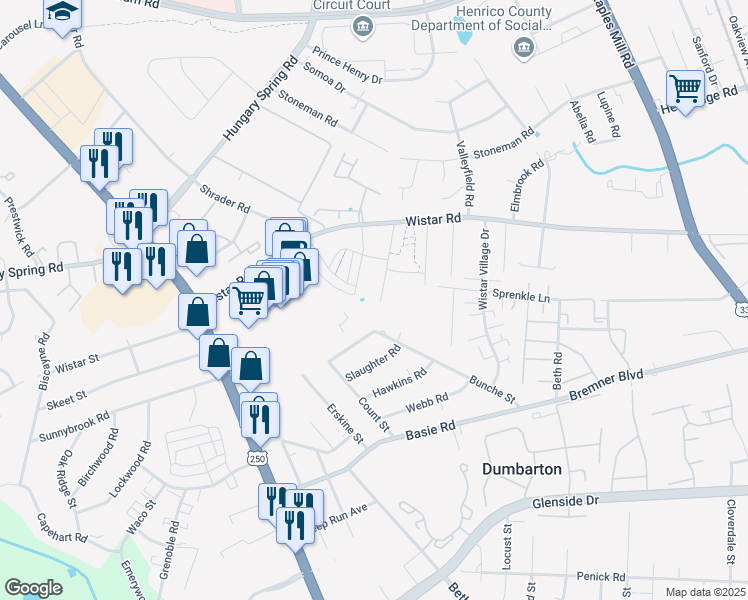 map of restaurants, bars, coffee shops, grocery stores, and more near 7906 Wistar Woods Court in Henrico