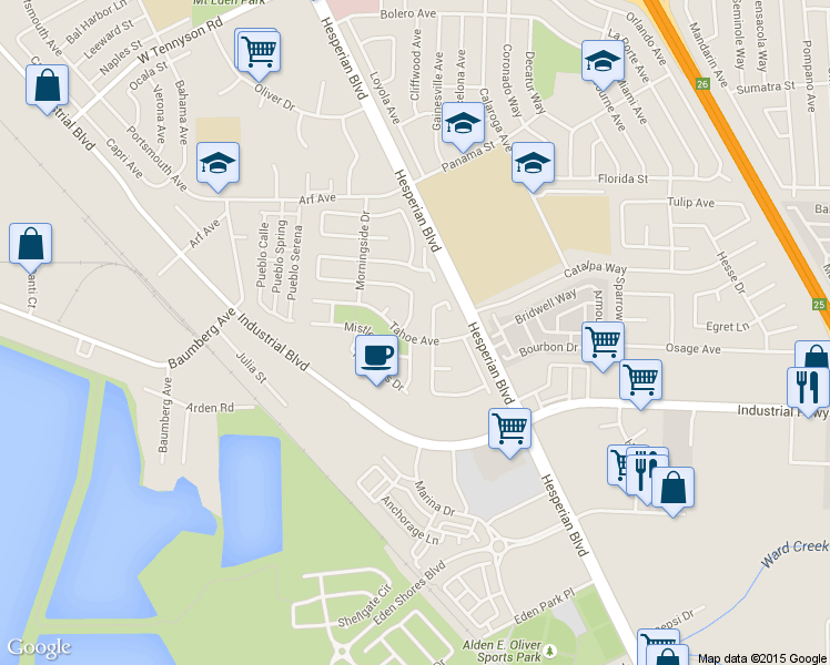 map of restaurants, bars, coffee shops, grocery stores, and more near 2563 Tahoe Ave in Hayward