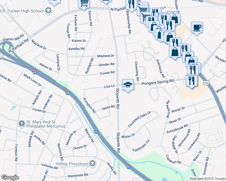 map of restaurants, bars, coffee shops, grocery stores, and more near 2210 Skipwith Road in Richmond