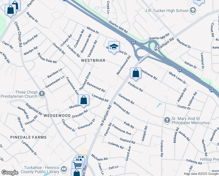 map of restaurants, bars, coffee shops, grocery stores, and more near 2121 Dresden Road in Henrico