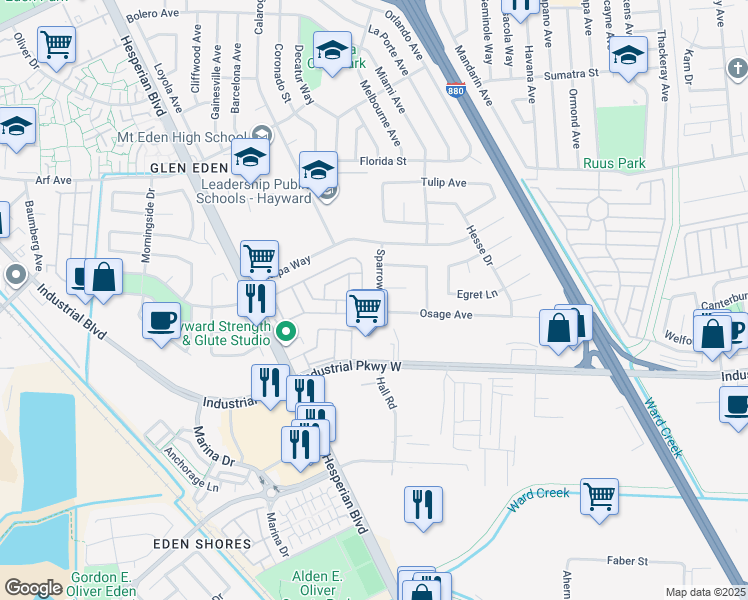 map of restaurants, bars, coffee shops, grocery stores, and more near 28303 Sparrow Road in Hayward