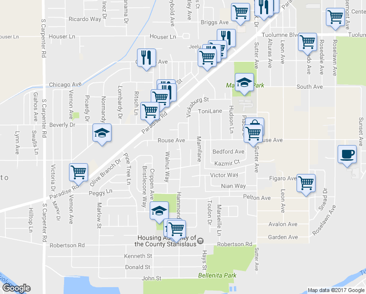 map of restaurants, bars, coffee shops, grocery stores, and more near 708 Hammond Street in Modesto