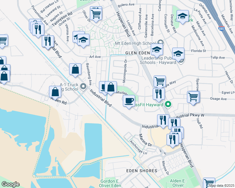 map of restaurants, bars, coffee shops, grocery stores, and more near 2496 Mistletoe Drive in Hayward