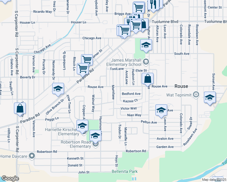 map of restaurants, bars, coffee shops, grocery stores, and more near 704 Mamilane in Modesto