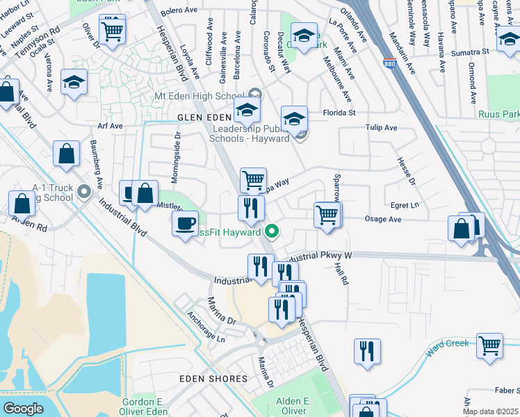 map of restaurants, bars, coffee shops, grocery stores, and more near 28293 Bradshire Road in Hayward