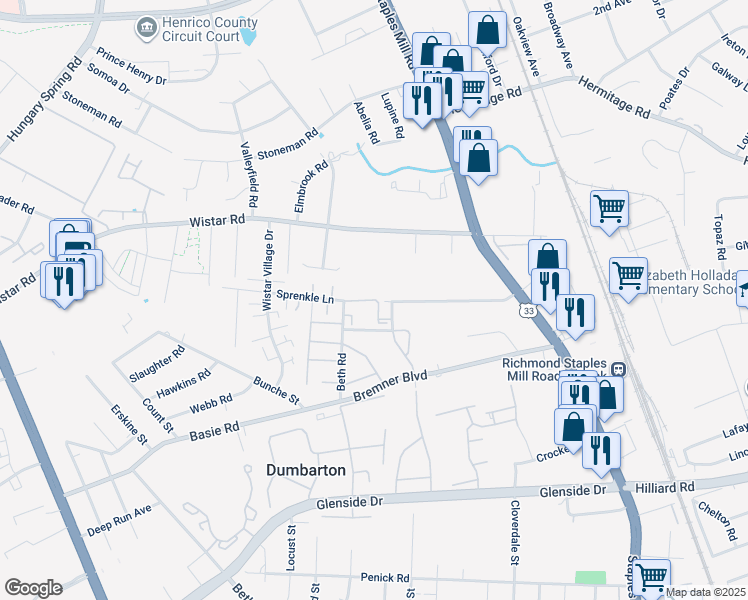 map of restaurants, bars, coffee shops, grocery stores, and more near Sprenkle Lane in Richmond