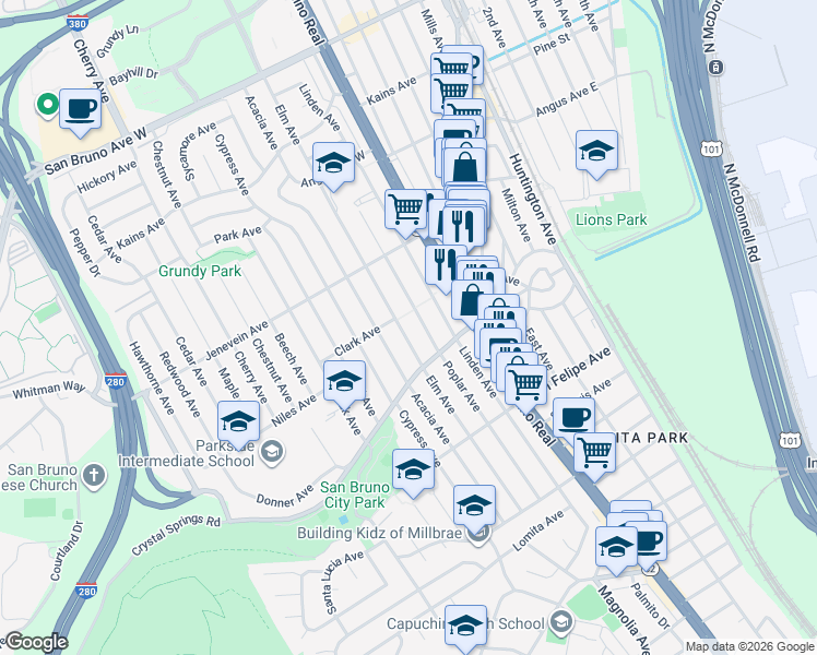 map of restaurants, bars, coffee shops, grocery stores, and more near 372 Elm Avenue in San Bruno