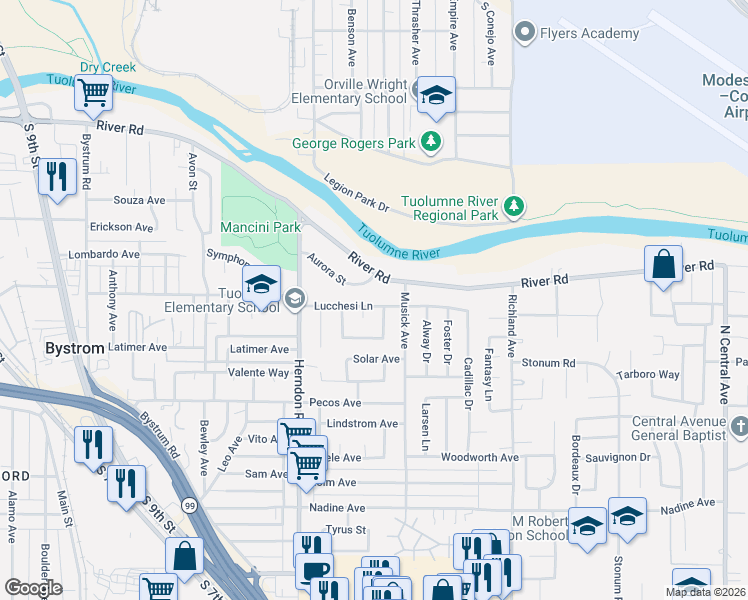 map of restaurants, bars, coffee shops, grocery stores, and more near 1425 Lucchesi Lane in Modesto