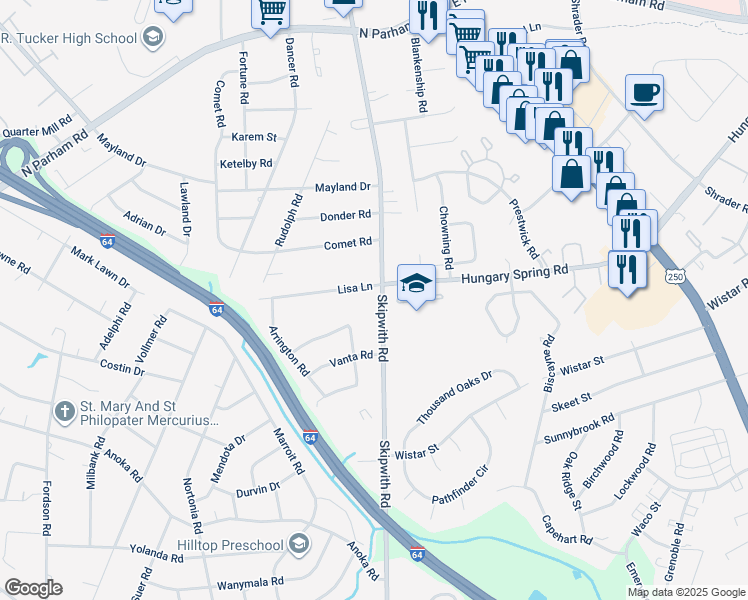 map of restaurants, bars, coffee shops, grocery stores, and more near 2210 Skipwith Road in Richmond