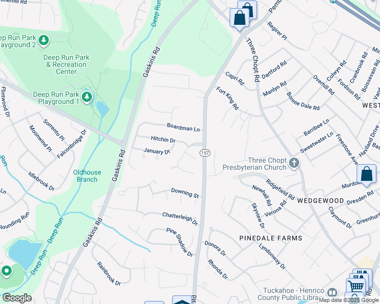 map of restaurants, bars, coffee shops, grocery stores, and more near 9507 Oldhouse Drive in Richmond