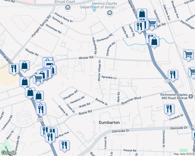 map of restaurants, bars, coffee shops, grocery stores, and more near 7638 Wistar Village Drive in Henrico