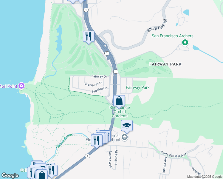 map of restaurants, bars, coffee shops, grocery stores, and more near 751 Bradford Way in Pacifica