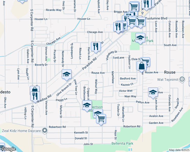 map of restaurants, bars, coffee shops, grocery stores, and more near 719 Walnut Way in Modesto