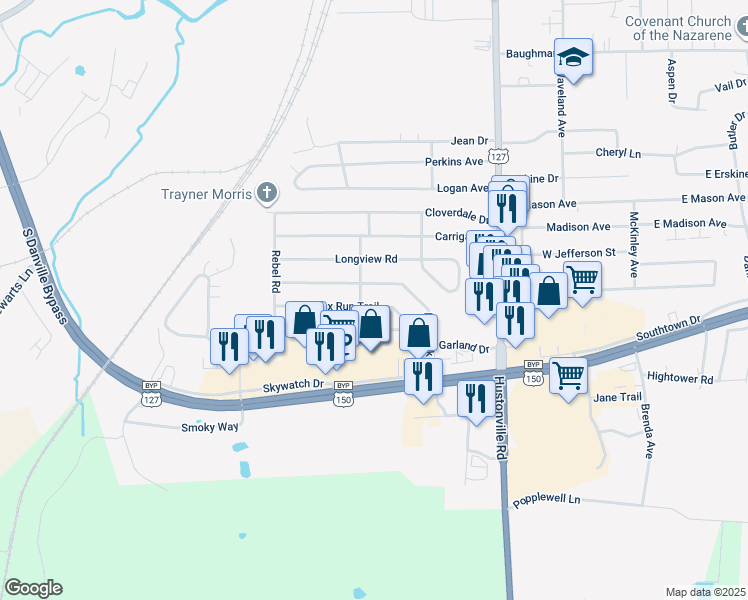 map of restaurants, bars, coffee shops, grocery stores, and more near 115 Fox Run Trail in Danville