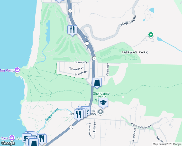 map of restaurants, bars, coffee shops, grocery stores, and more near 751 Bradford Way in Pacifica