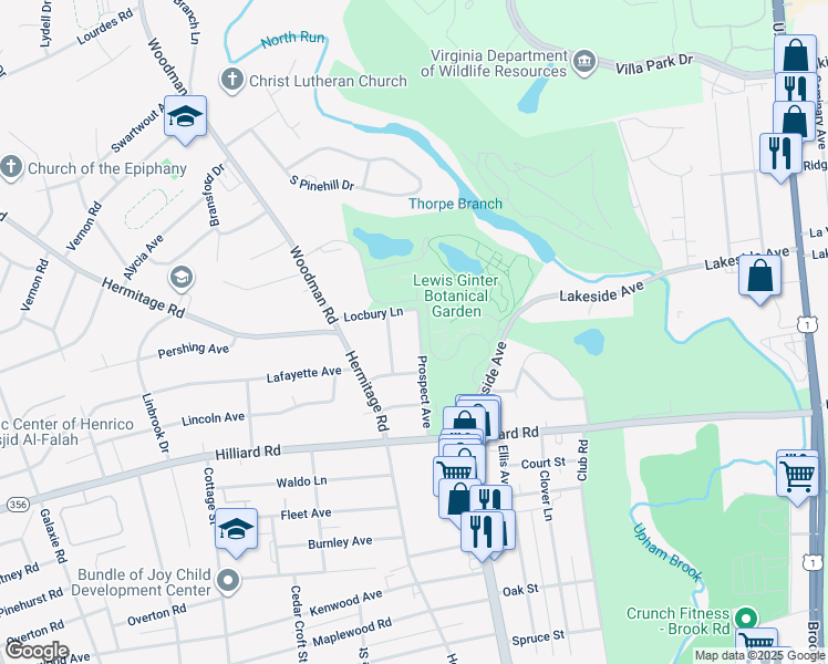 map of restaurants, bars, coffee shops, grocery stores, and more near 7212 Prospect Avenue in Richmond