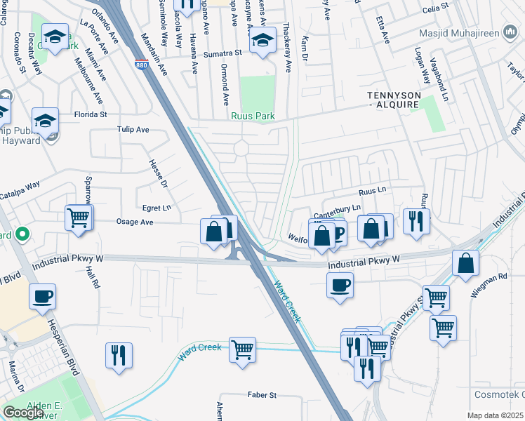 map of restaurants, bars, coffee shops, grocery stores, and more near 28845 La Corona Street in Hayward