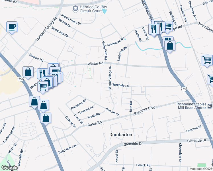 map of restaurants, bars, coffee shops, grocery stores, and more near 7638 Wistar Village Drive in Henrico