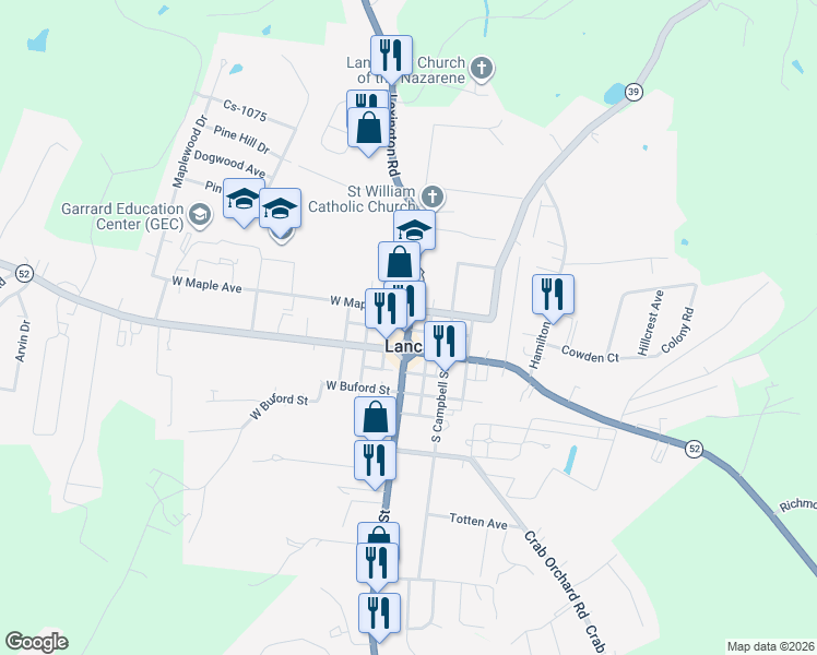 map of restaurants, bars, coffee shops, grocery stores, and more near 75 Public Square in Lancaster