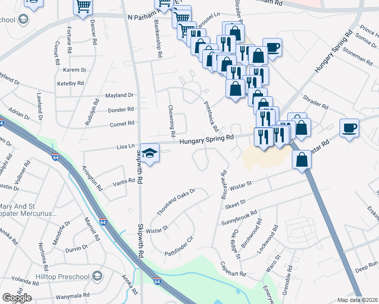 map of restaurants, bars, coffee shops, grocery stores, and more near 2402 Landon Road in Richmond