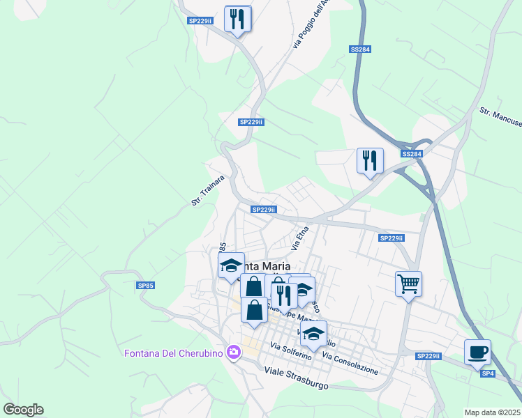 map of restaurants, bars, coffee shops, grocery stores, and more near 10 Via dello Stadio in Santa Maria di Licodia