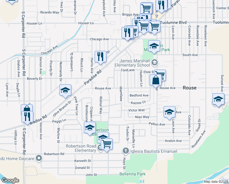 map of restaurants, bars, coffee shops, grocery stores, and more near 709 Mamilane in Modesto