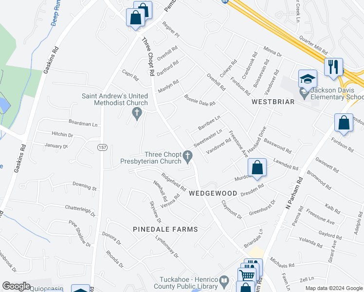 map of restaurants, bars, coffee shops, grocery stores, and more near 9402 Three Chopt Road in Henrico
