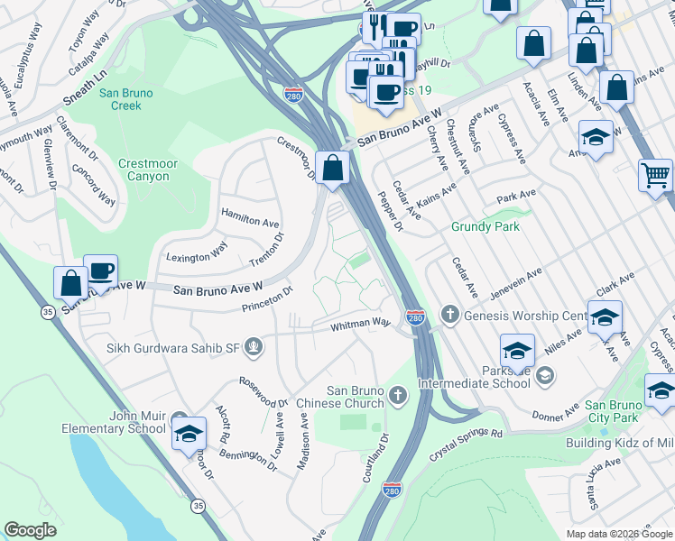 map of restaurants, bars, coffee shops, grocery stores, and more near 8307 Shelter Creek Lane in San Bruno