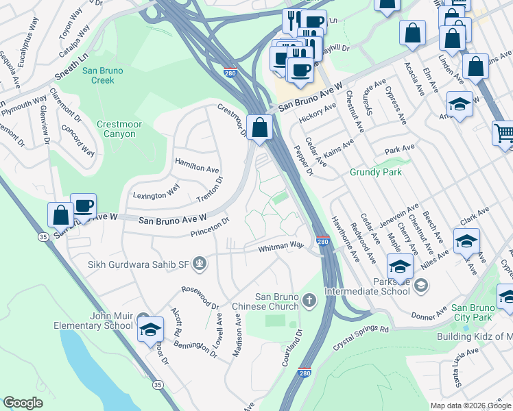 map of restaurants, bars, coffee shops, grocery stores, and more near 8124 Shelter Creek Lane in San Bruno