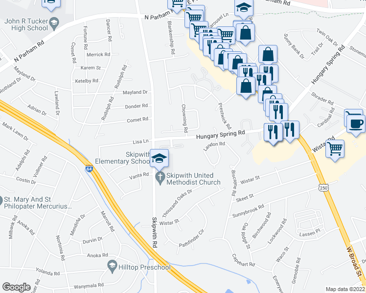 map of restaurants, bars, coffee shops, grocery stores, and more near 41 Skipwith Green Circle in Henrico