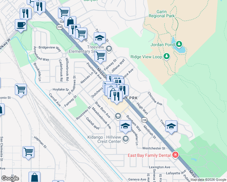 map of restaurants, bars, coffee shops, grocery stores, and more near 31005 Mission Boulevard in Hayward