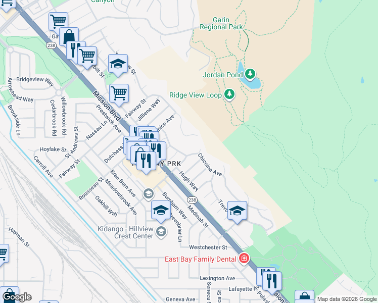 map of restaurants, bars, coffee shops, grocery stores, and more near 31300 Chicoine Avenue in Hayward