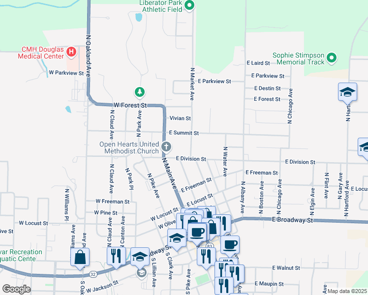 map of restaurants, bars, coffee shops, grocery stores, and more near 701-899 N Market Ave in Bolivar