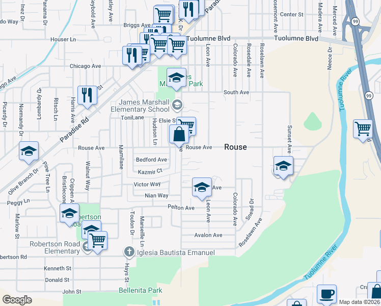 map of restaurants, bars, coffee shops, grocery stores, and more near 1408 Rouse Avenue in Modesto