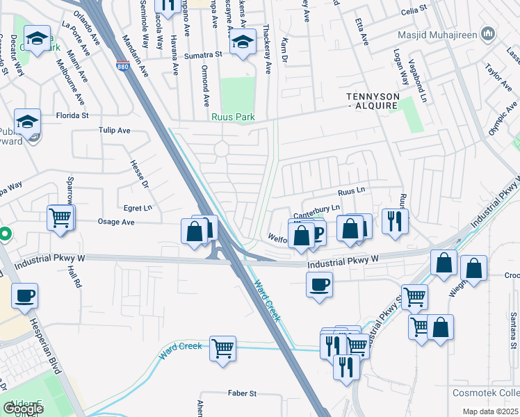 map of restaurants, bars, coffee shops, grocery stores, and more near 28845 La Corona Street in Hayward