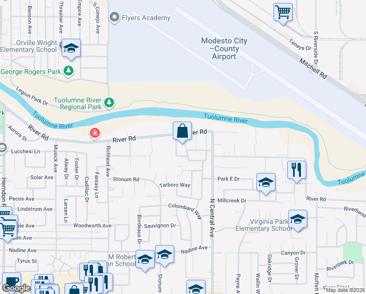 map of restaurants, bars, coffee shops, grocery stores, and more near 719 Sarah Therese Way in Modesto