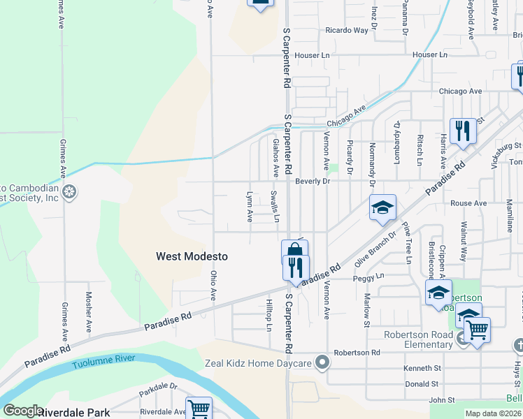 map of restaurants, bars, coffee shops, grocery stores, and more near 1621 Wolf Avenue in Modesto