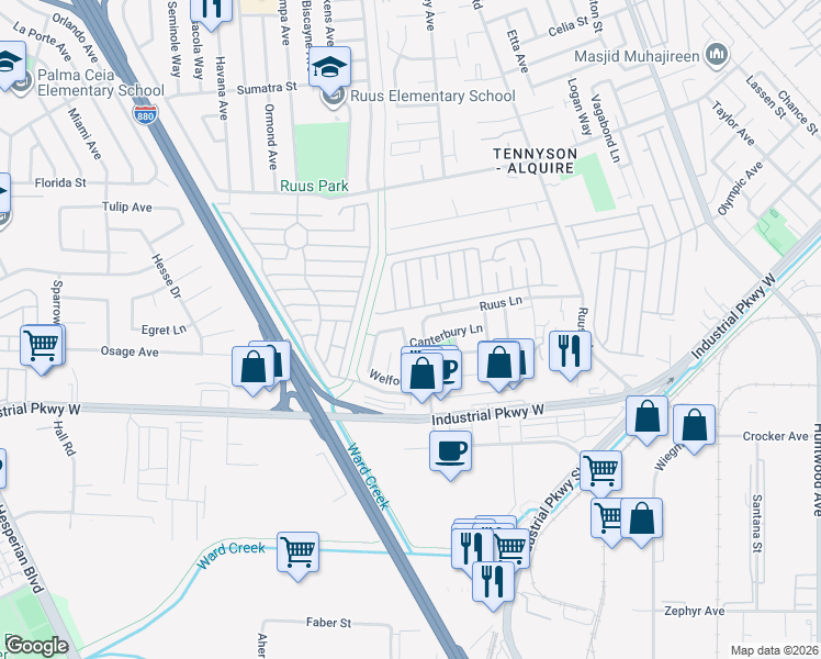 map of restaurants, bars, coffee shops, grocery stores, and more near 29018 Rosecliff Lane in Hayward