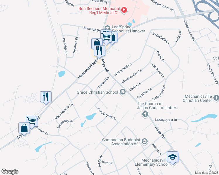 map of restaurants, bars, coffee shops, grocery stores, and more near 8258 Franklin Lane in Mechanicsville