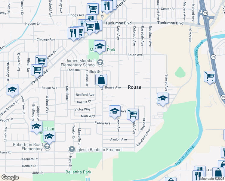 map of restaurants, bars, coffee shops, grocery stores, and more near 1408 Rouse Avenue in Modesto