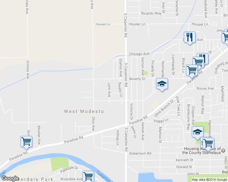 map of restaurants, bars, coffee shops, grocery stores, and more near 1621 Wolf Avenue in Modesto