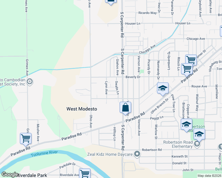 map of restaurants, bars, coffee shops, grocery stores, and more near 1621 Wolf Avenue in Modesto
