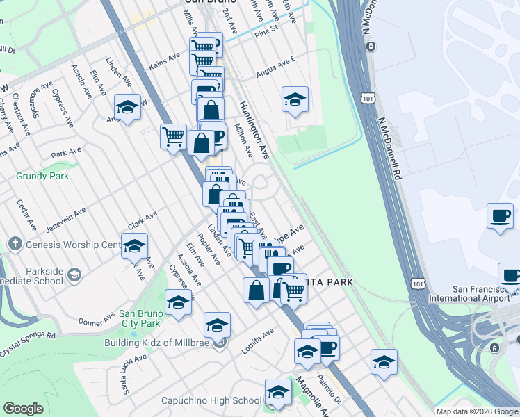 map of restaurants, bars, coffee shops, grocery stores, and more near 264 San Anselmo Avenue North in San Bruno