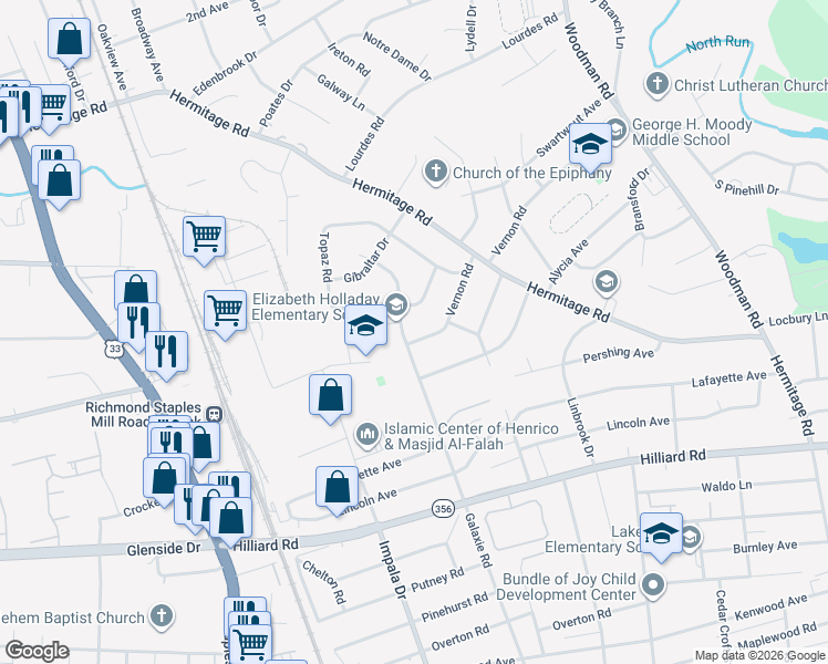map of restaurants, bars, coffee shops, grocery stores, and more near 7207 Vernon Road in Richmond