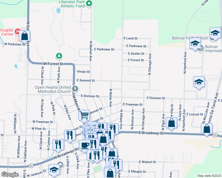 map of restaurants, bars, coffee shops, grocery stores, and more near 717 N Water Ave in Bolivar
