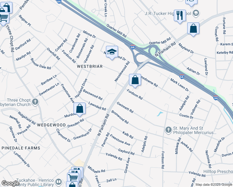 map of restaurants, bars, coffee shops, grocery stores, and more near 2121 Dresden Road in Henrico