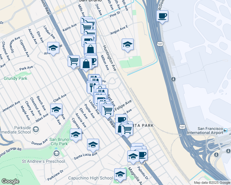 map of restaurants, bars, coffee shops, grocery stores, and more near 280 San Anselmo Avenue North in San Bruno