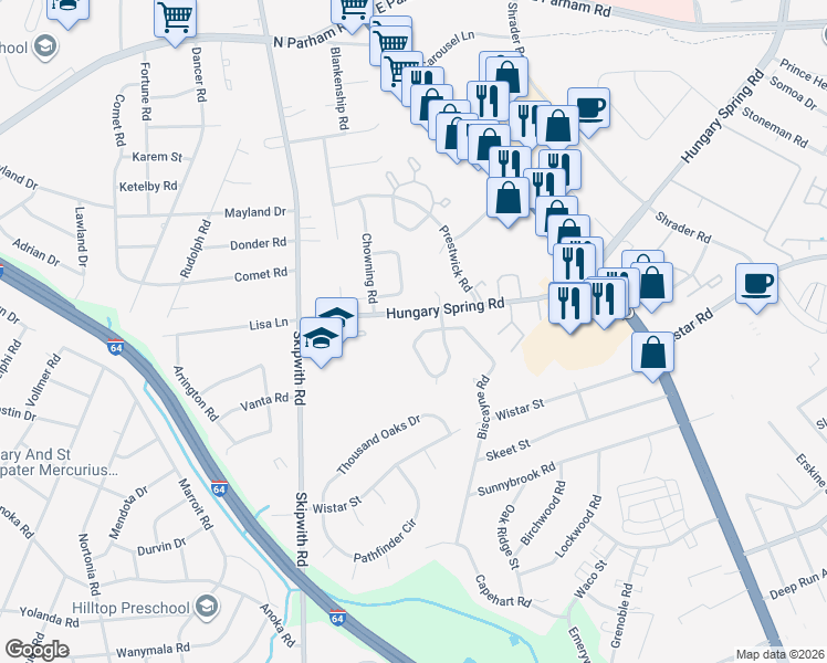 map of restaurants, bars, coffee shops, grocery stores, and more near 2402 Landon Road in Richmond